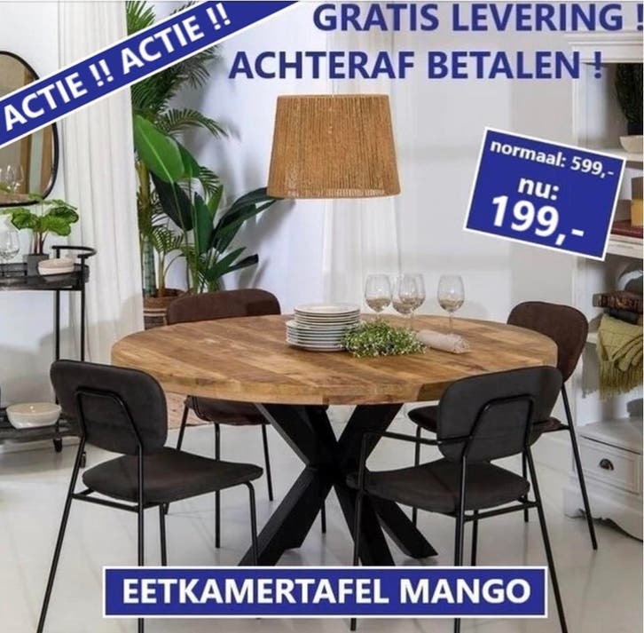 ACTIE ! Ronde eettafel mangohout € 199,-, Huis en Inrichting, Tafels | Eettafels, 100 tot 150 cm, 100 tot 150 cm, Rond, Vijf personen of meer