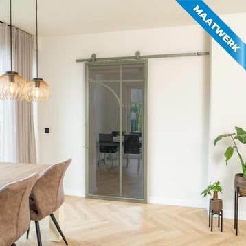 Stalen Schuifdeur Olijfgroen 5 Vlaks rond Maatwerk Rook glas, Nieuw, Metaal, Inclusief glas