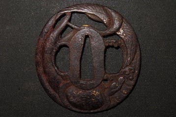 Katana - gesmeed ijzer - C6-93 Crane & Turtle Sukashi Tsuba, Antiek en Kunst, Antiek | Overige Antiek