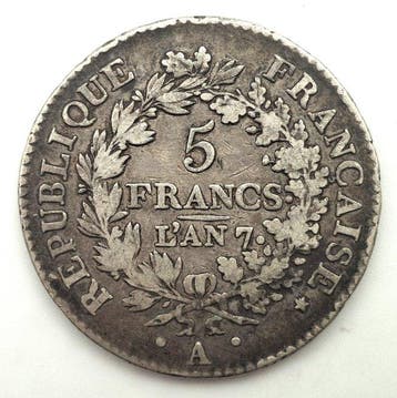 Frankrijk. Directoire (1795-1799). 5 Francs An 7-A Union et