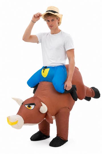 KIMU® Opblaas Kostuum Zittend Op Stier Cowboy Opblaasbaar Pa, Carnaval, Nieuw, Overige maten, Ophalen of Verzenden