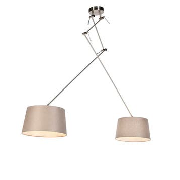 Hanglamp staal met linnen kappen taupe 35 cm 2-lichts  -, Verzenden, Nieuw, Country-rustic