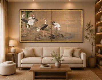 Een middelgroot vierluiks vouwscherm met reigers langs een