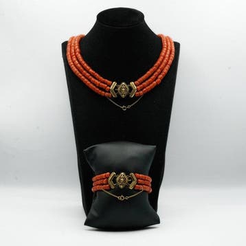 2-delige sieradenset - 14 karaat Geel goud Bloedkoraal, Sieraden, Tassen en Uiterlijk