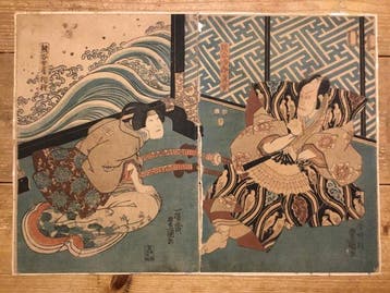 Antieke Japanse tweeluik houtblok prent met afbeelding van, Antiek en Kunst