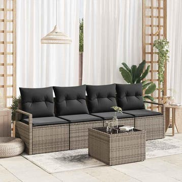 vidaXL Bankstel met kussen 5 pcs Grijs poly rattan, Verzenden, Nieuw, Rotan, 5 zitplaatsen