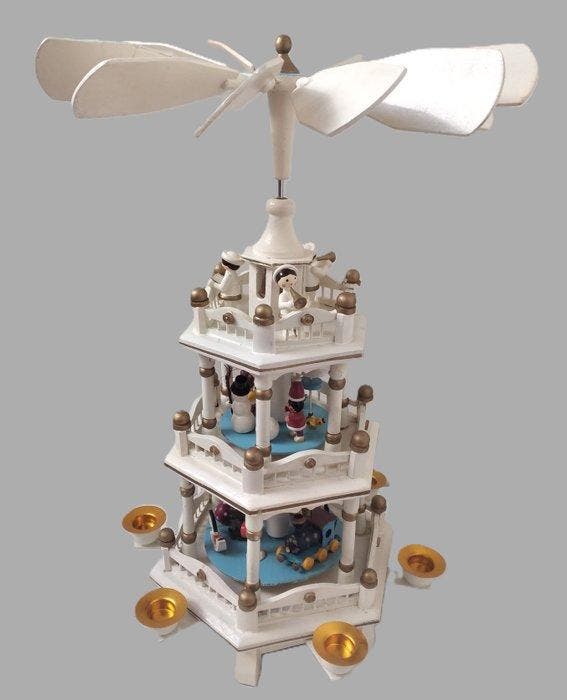 Kerstbeeldje - Draaende kerstpyramide, wit met blauwe, Antiek en Kunst, Antiek | Boeken en Bijbels