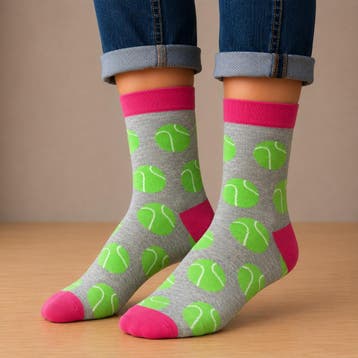 Sokken - Tennis Ballen Print - Groen Grijs Roze - Katoen -, Nieuw