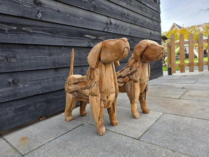 Beeld, NO RESERVE PRICE Large Set Dogs - 49.5 cm - Hout, Antiek en Kunst, Curiosa en Brocante