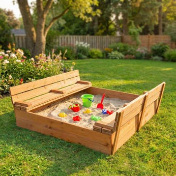 Houten Zandbak 120x120 | Opklapdeksel | OP=OP, Nieuw, Ophalen of Verzenden, Hout, 100 tot 200 cm