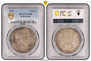 Koning Willem III 2 1/2 Gulden 1872 AU58 PCGS gecertificeerd, Verzenden, Koning Willem III, Losse munt, Zilver