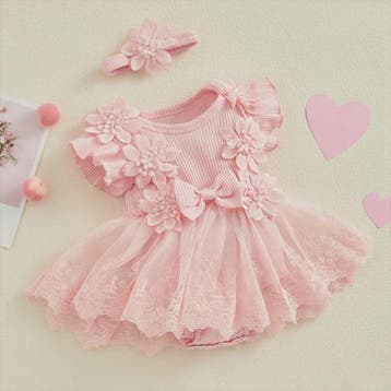 Prinsessen Baby Meisjes Romper Jurk met 3D Bloemen, Kant & H, Verzenden, Nieuw
