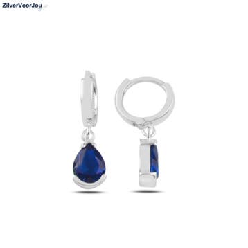 Zilveren saffier blauwe cz druppel huggie hoops, Verzenden, Nieuw, Zilver