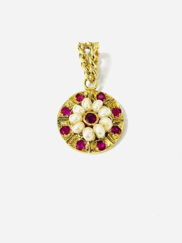 Hanger - 14 karaat Geel goud - 0.70ct. tw. Robijn - Parel -