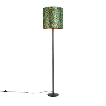 Zwarte vloerlamp met velours kap pauw goud 40 cm - Simplo, Verzenden, Nieuw, Classic-antique