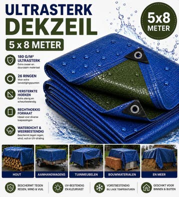 Dekzeil 5 x 8 m, 180 g/m² ultrasterk, 26 ringen, versterk.., Verzenden, Nieuw