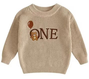 Beige 1e verjaardag trui One met een beertje met ballon, Ophalen of Verzenden, Nieuw, Jongetje of Meisje, Truitje of Vestje
