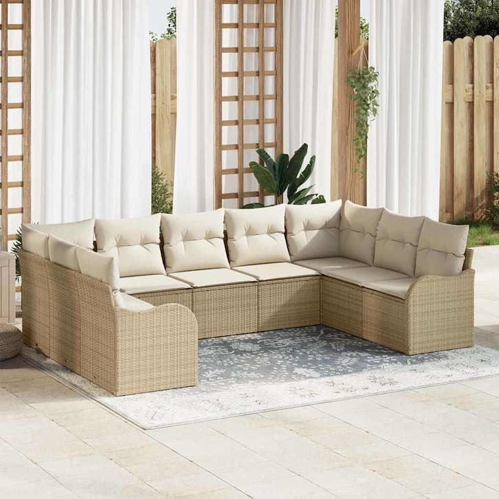 vidaXL Tuin Sofa Set 9 st Beige en wit poly rattan, Tuin en Terras, Tuinsets en Loungesets, Nieuw, Meer dan 8 zitplaatsen, Rotan