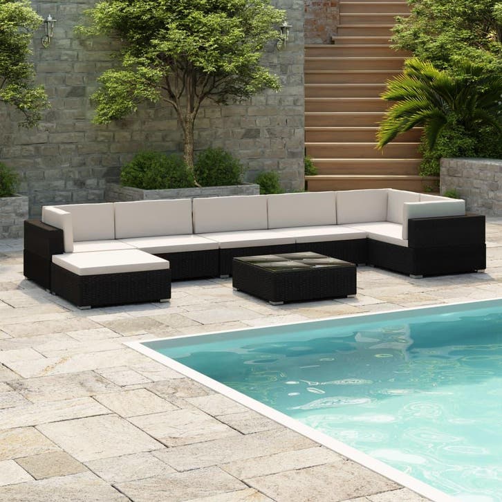 vidaXL 8-delige Loungeset met kussens poly rattan zwart, Tuin en Terras, Tuinsets en Loungesets, Loungeset, Nieuw, 8 zitplaatsen