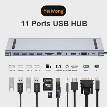 11-in-1 USB-C Hub Docking Station met 4K HDMI, VGA, RJ45, SD, Verzenden, Nieuw