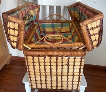 Picknickmand (23) - Rattan, Textiel, Porselein, Metaal,