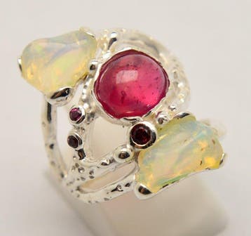 925 zilver - Australische opaal, robijn, granaat - Ring