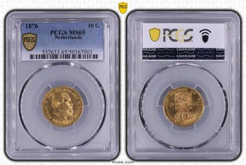Gouden Willem III 10 gulden 1876 MS65 PCGS gecertificeerd, Koning Willem III, Verzenden, Goud, Losse munt
