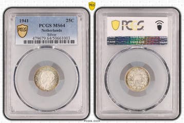 Koningin Wilhelmina 25 cent 1941 MS64 PCGS met patina, Verzenden, Zilver, 25 cent, Koningin Wilhelmina