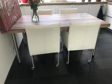 Set van 4 leren kuip eetkamerstoelen - met wieltjes - wit, Huis en Inrichting, Stoelen, Ophalen of Verzenden, Nieuw, Leer