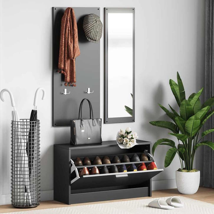 vidaXL Schoenenkastset 3-in-1 bewerkt hout zwart, Huis en Inrichting, Kasten | Schoenenrekken, Nieuw, Verzenden