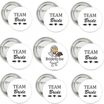 9 Buttons Bride to Be en Team Bride tribal wit, Verzenden, Nieuw, Versiering, Geboorte of Huwelijk