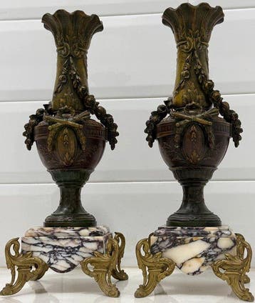 Balustervaas - Gepatineerd brons, Carrara marmer, Antiek en Kunst