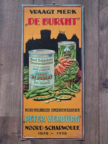 Antique metal advertising sign from the De Burcht canning