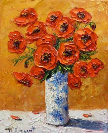 R. Vincent (1954) - Vase blanc bleu et coquelicots en