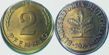 Duitsland Fehlpraegung 2 Pfennig 1965 F dezentriert 10% J..., Verzenden