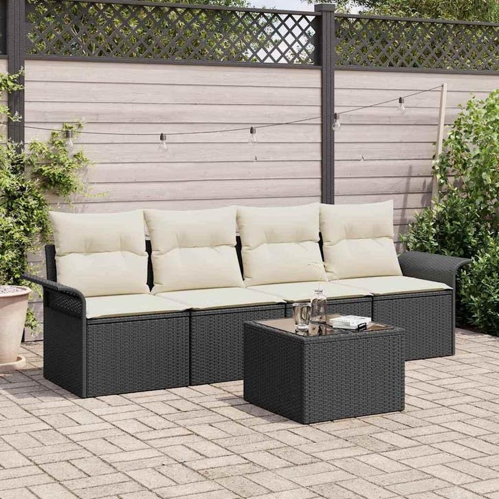 vidaXL Tuin Sofa Set met kussen 5 pcs Zwart en Crème poly, Tuin en Terras, Tuinsets en Loungesets, Nieuw, 5 zitplaatsen, Rotan
