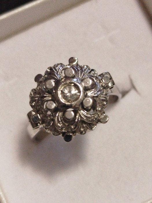 Ring - 18 karaat Witgoud - 0.07ct. tw. Diamant (Natuurlijk), Sieraden, Tassen en Uiterlijk, Ringen