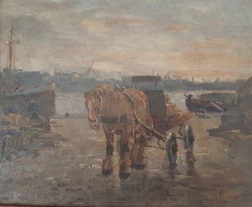 Cor Noltee (1903-1967) - Pferd mit Wagen am Hafen von