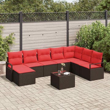 vidaXL Bankstel 9 st Bruin en Rood poly rattan, Verzenden, Nieuw, Rotan, Meer dan 8 zitplaatsen