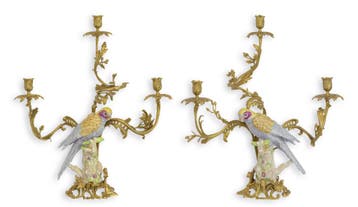 A PAIR BRONZE MOUNTED PORCELAIN PARROT CANDLE HOLDER, Verzenden, Nieuw