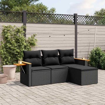 vidaXL 4-delige Loungeset met kussens poly rattan zwart, Verzenden, Nieuw, Loungeset