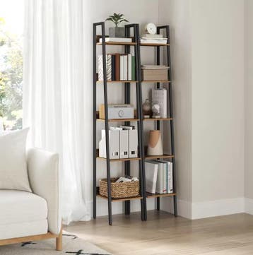 Smalle Boekenkast met 5 Planken – Vintage Bruin en Staal Rek, Huis en Inrichting, Kasten | Boekenkasten, Verzenden, Nieuw