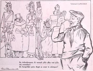 De arbeiderspers spreekt de media toe op spotprent (Lithos), Verzenden