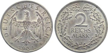 1931 Duitsland 2 Reichsmark 1930 J J 320 Vz+ zilver, Verzenden