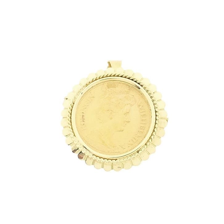 Gouden broche/hanger van een gouden vijfje; Koningin Wilh..., Sieraden, Tassen en Uiterlijk, Bedels, Gebruikt, Overige merken