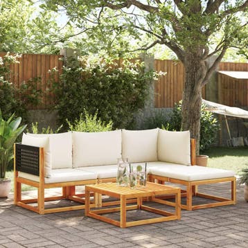vidaXL 5-delige tuinbankset met kussens acaciahout & rotan, Verzenden, Nieuw, Hardhout