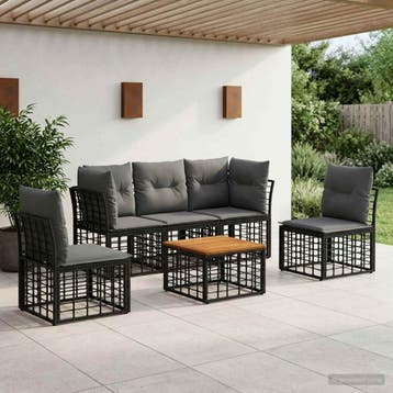 vidaXL Buiten bankenset 6 pcs Zwart en Donkergrijs Polyester, Verzenden, Nieuw, Rotan, 6 zitplaatsen