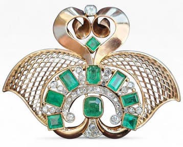 Broche - 18 karaat Geel goud Smaragd - Diamant, Sieraden, Tassen en Uiterlijk, Antieke sieraden