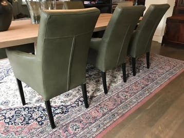 Set van 6 leren eetkamerstoelen - met houten poten - groen, Huis en Inrichting, Stoelen, Ophalen of Verzenden, Nieuw, Leer