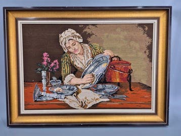 Original Wiehler Gobelin Wandbild – Die Tellerputzerin nach
